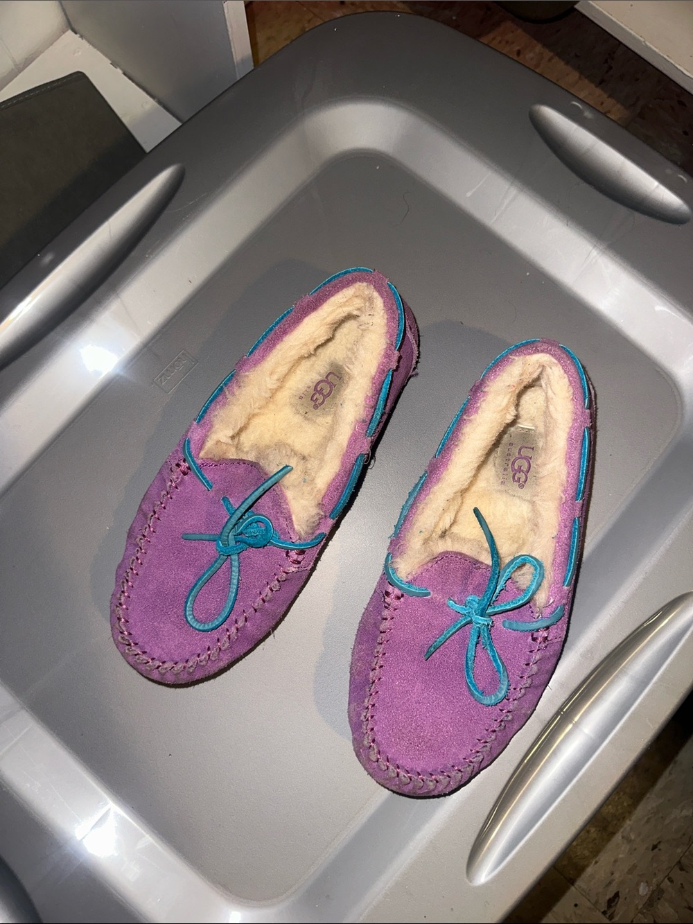 UGG Purple Suede Moccasin Slippers with Teal Accents